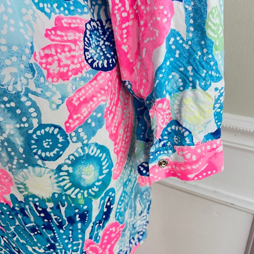 Lilly Pulitzer Dress Medium Blue Pink Coral Button Down Tunic Coastal Old Money - Picture 13 of 14